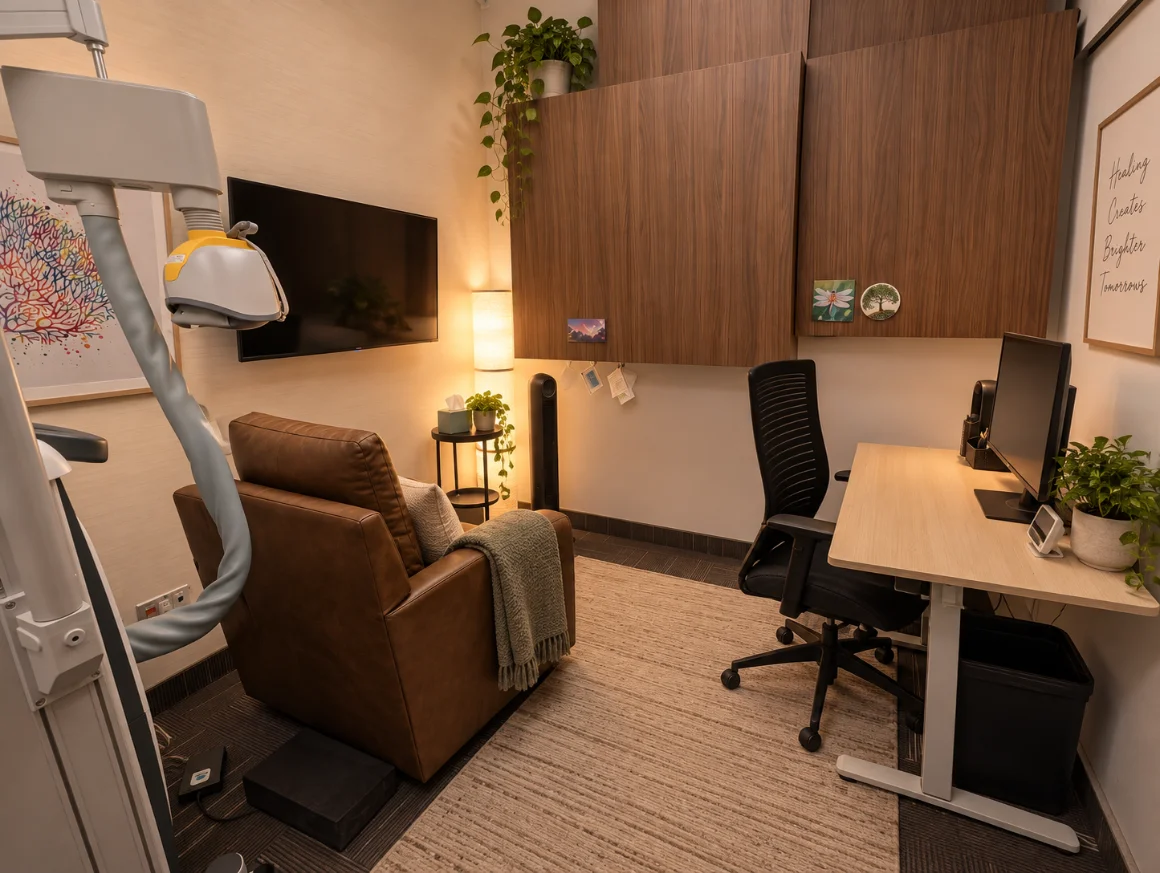 A treatment room with TMS equipment at the Critical Trauma Therapy Oakville clinic